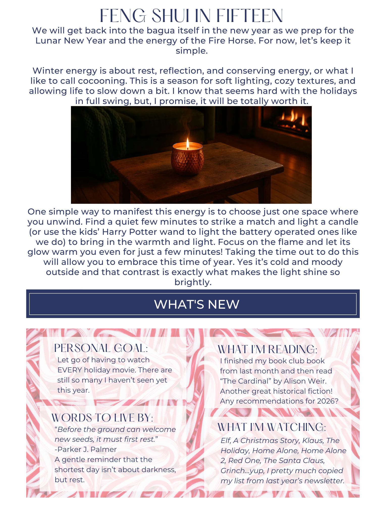 Feng Shui guide with a lit candle, table, and text boxes.