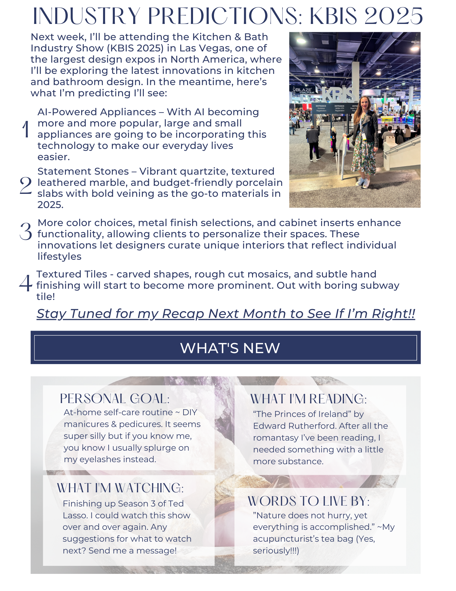 Industry predictions infographic with text and a photo of a trade show.