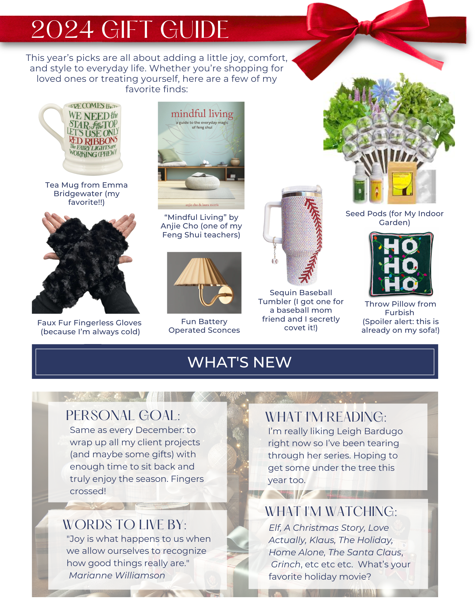 2024 Gift Guide with various holiday-themed items: mug, decor, self-care products, and more.