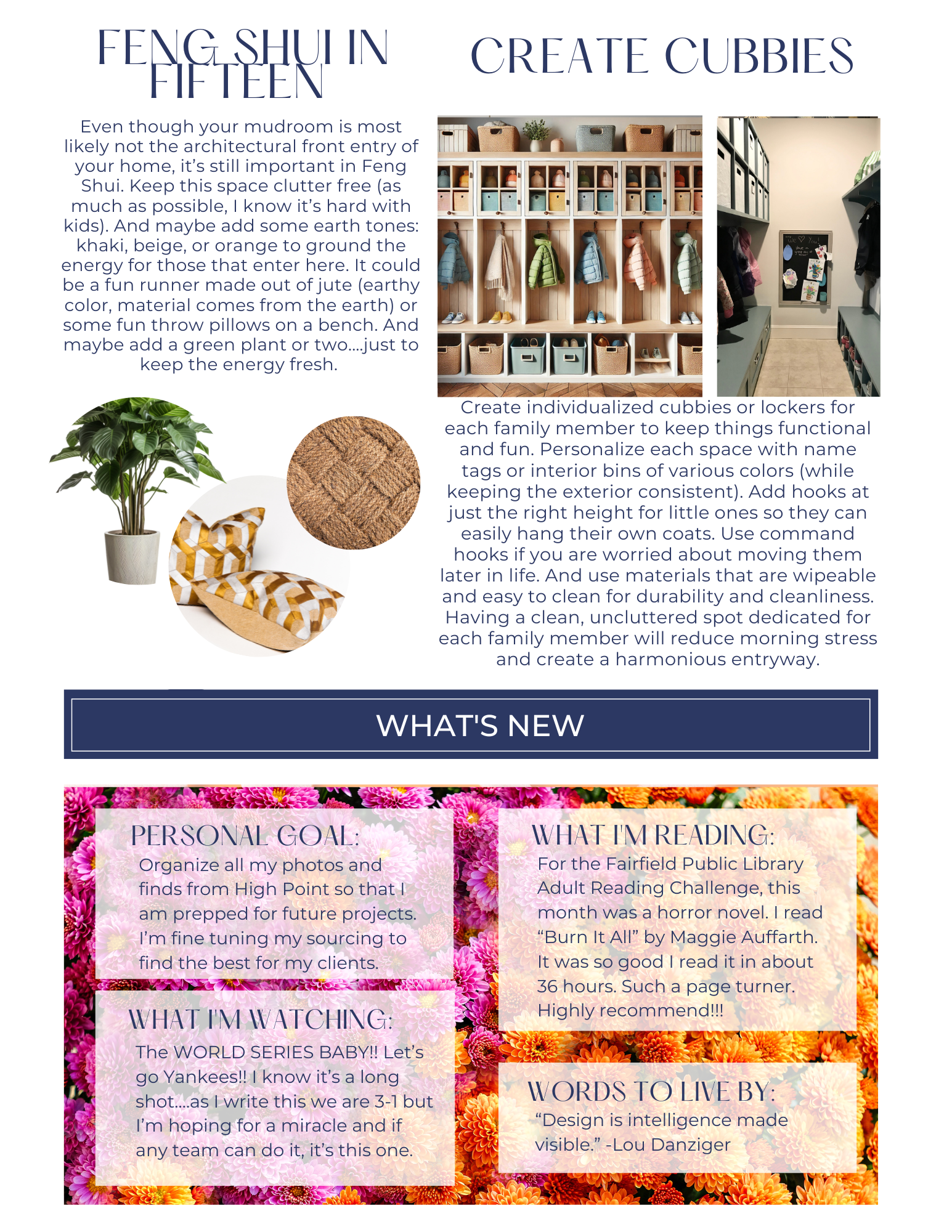 Feng Shui magazine page: cubbies, plant, wood sphere, decorative object, floral backgrounds, text.