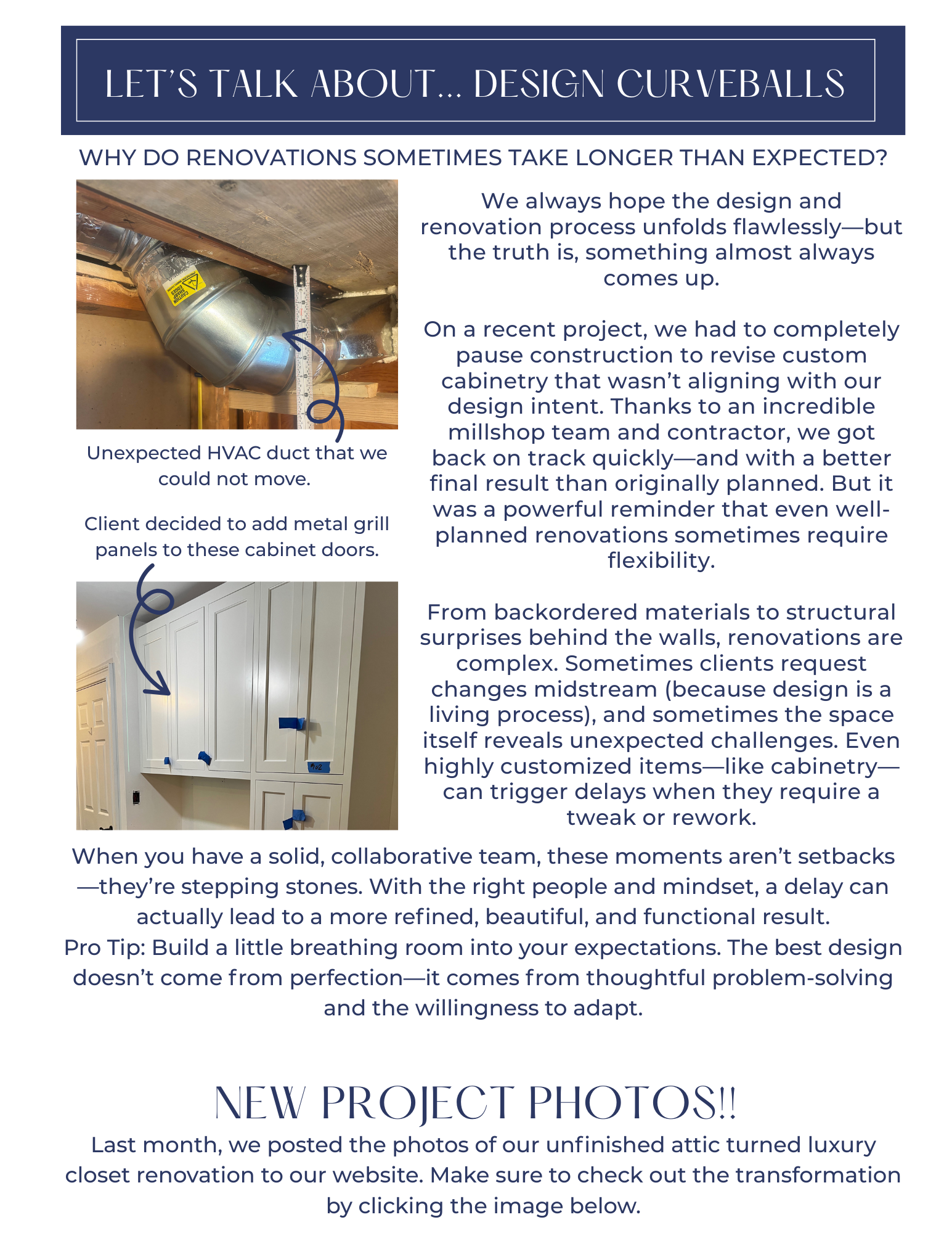 Construction update with ductwork and cabinet installation. Text about design and new project photos.