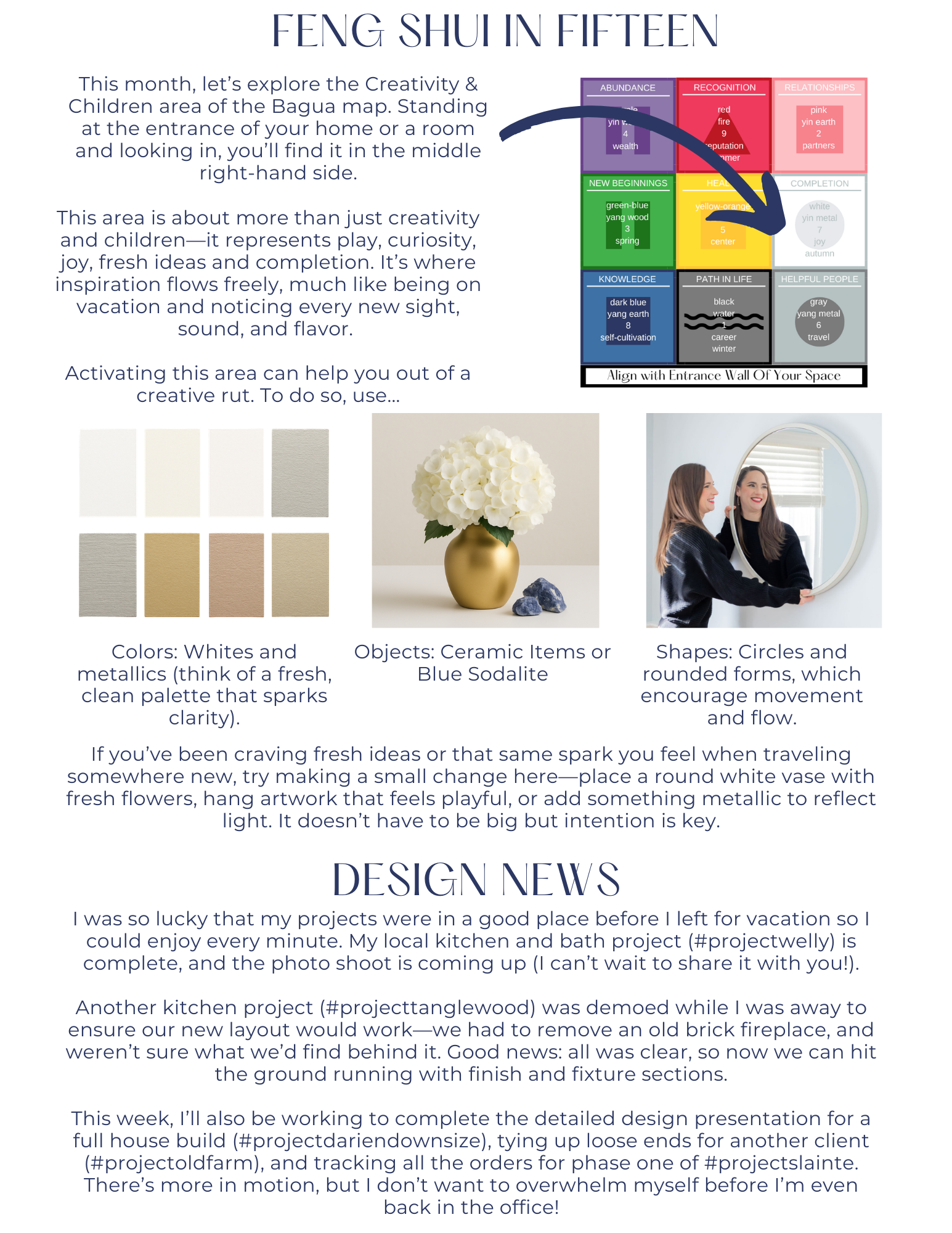 Feng Shui design layout with color swatches, decor, mirror, and a grid diagram.
