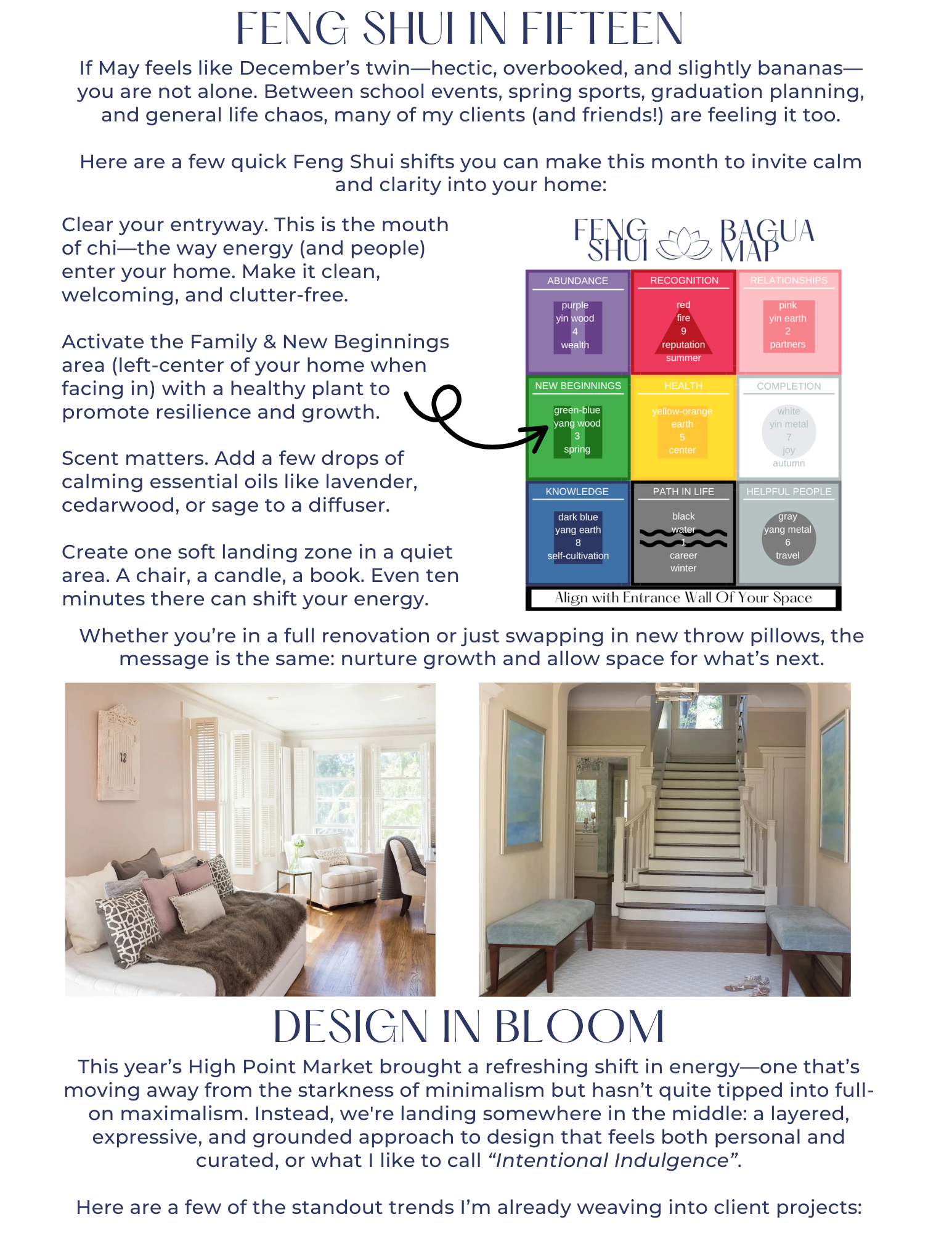 Text and diagrams on design principles with images of two interior rooms.