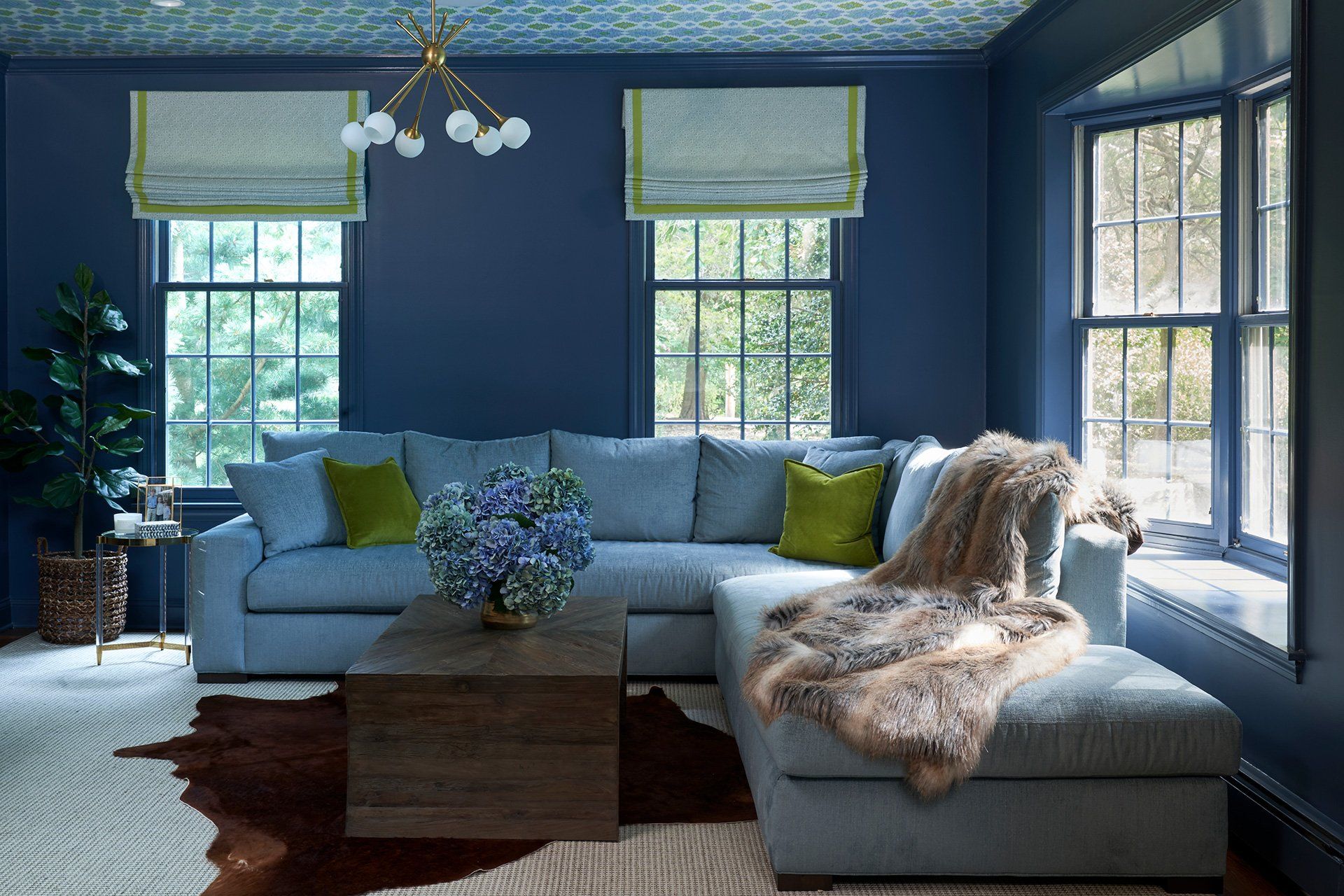 Blue living room with sectional sofa, windows, and patterned rug.