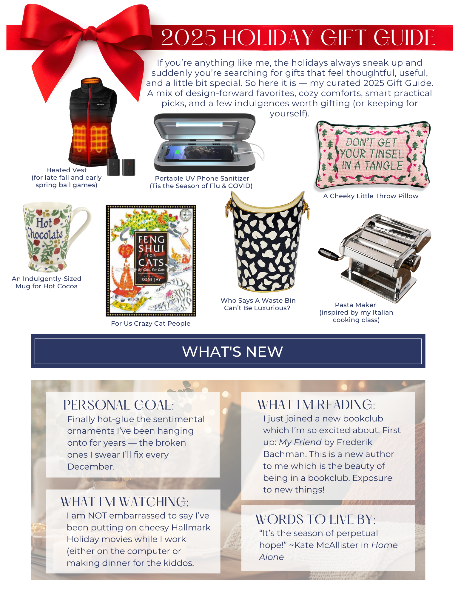 Holiday gift guide featuring various items like a vest, mug, pillow, and kitchen accessories.