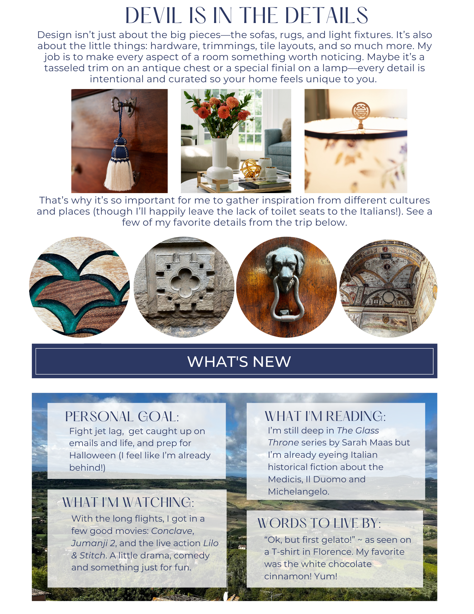 Decor details: tassels, flowers, key, textures. 