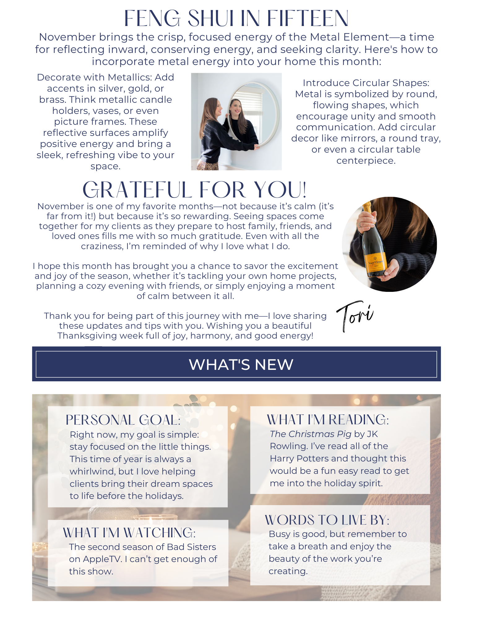 Feng Shui newsletter with a photo, plus lists of 