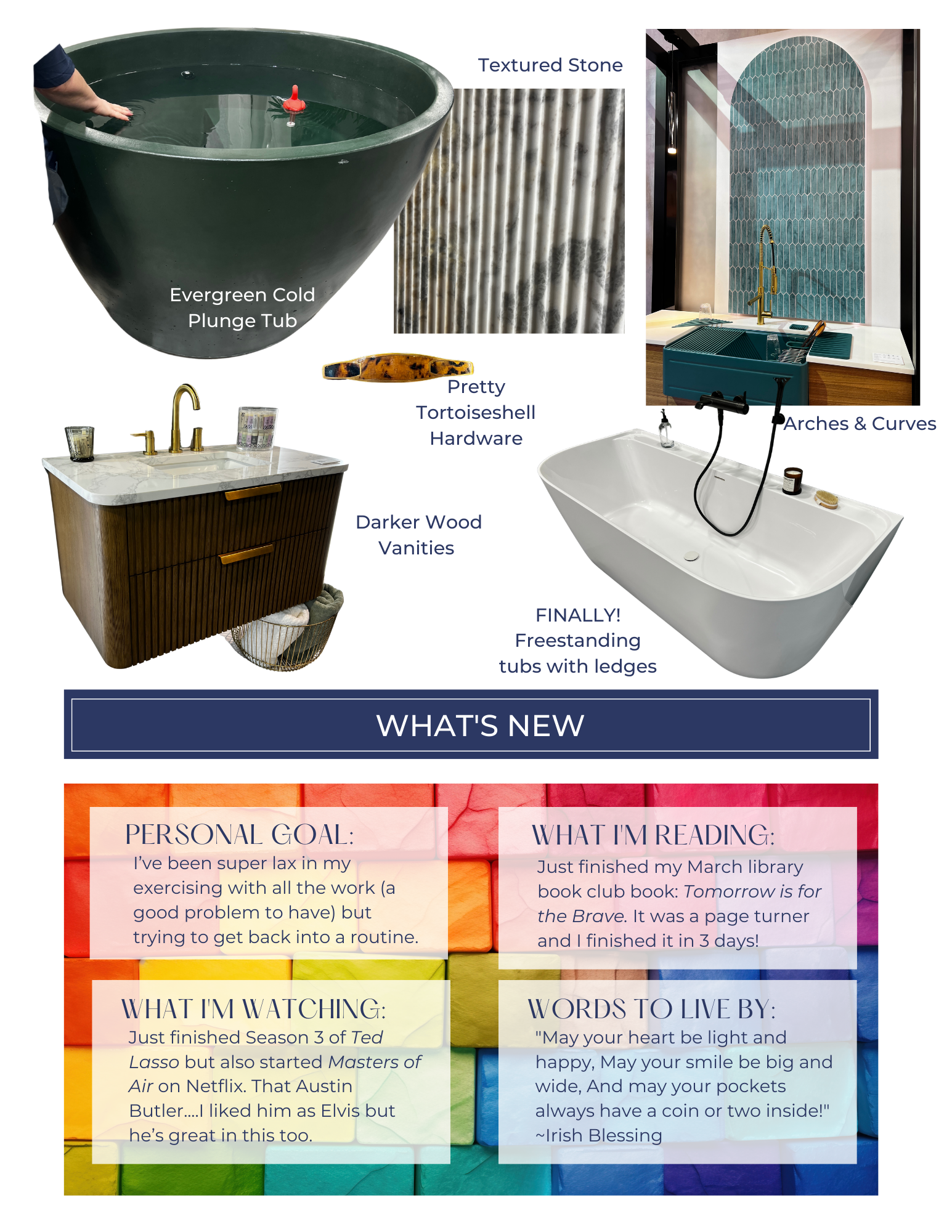 Bathroom design inspiration with a tub, sink, tiles, and text boxes with product highlights.