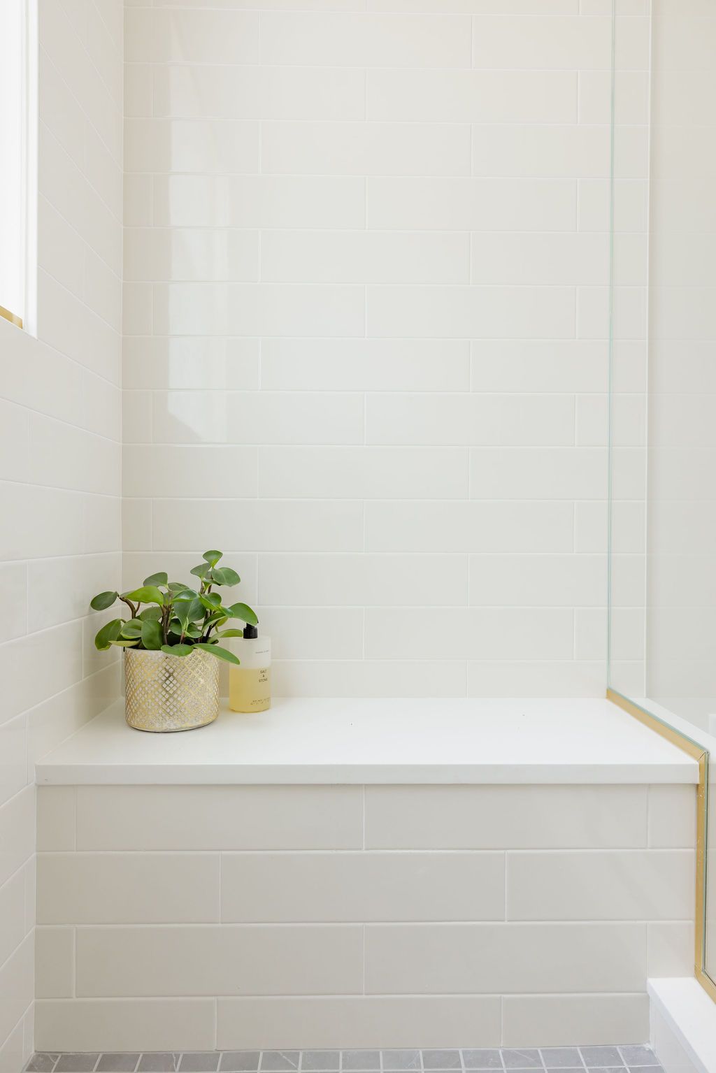 White tiled shower with built-in bench, plant, and clear glass panel.