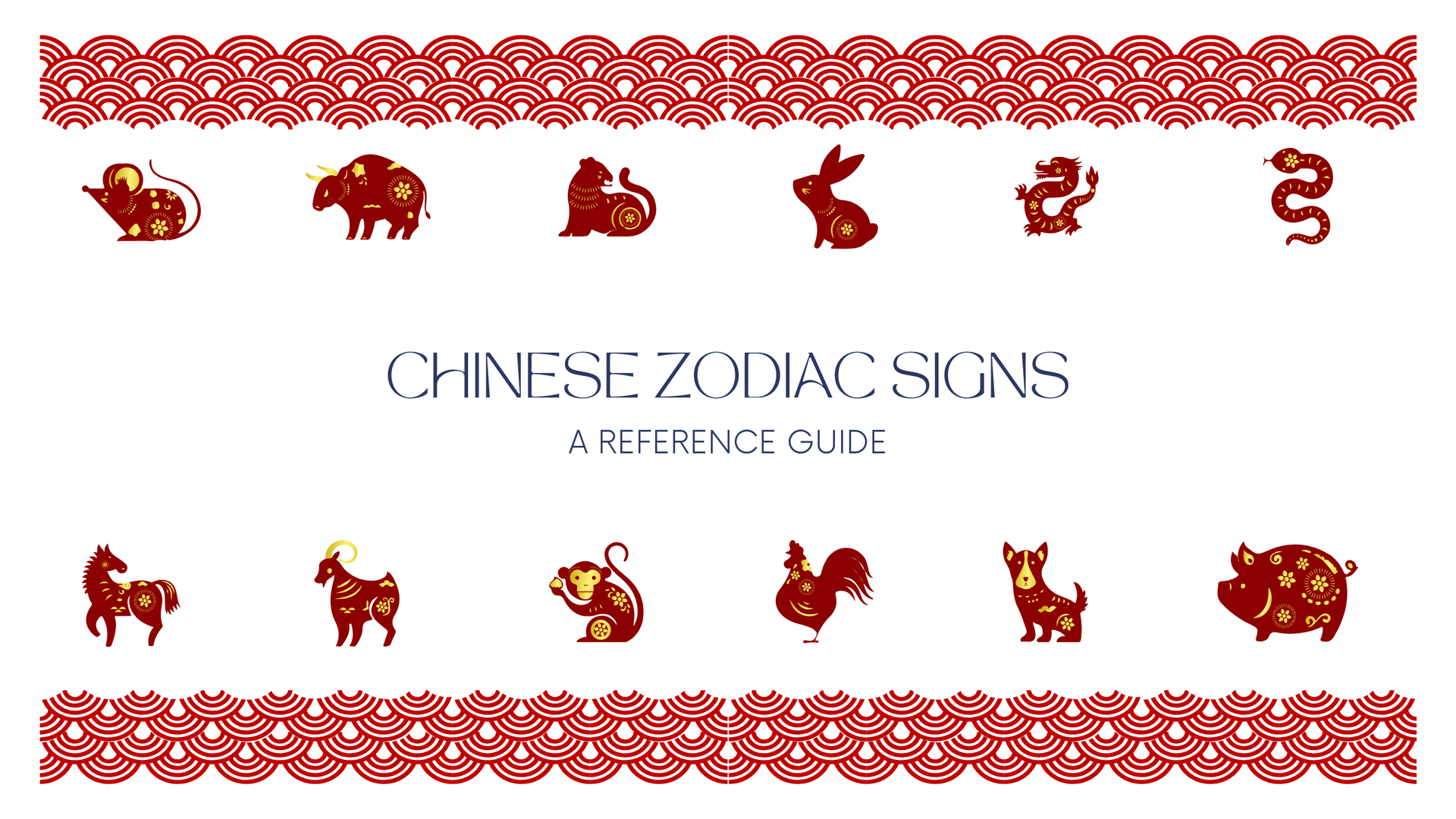 Chinese zodiac signs in red and gold with decorative border.