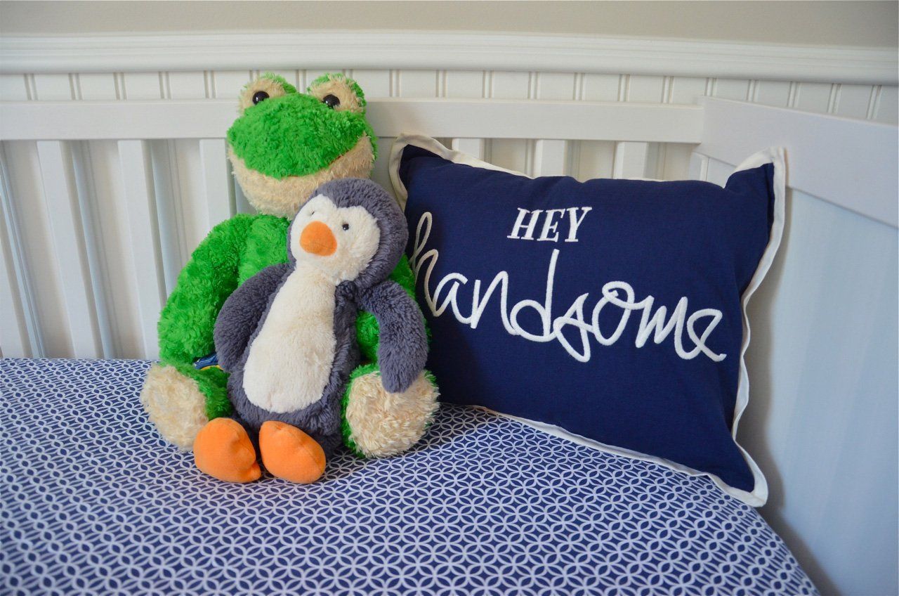 Stuffed frog, penguin, and navy pillow with 
