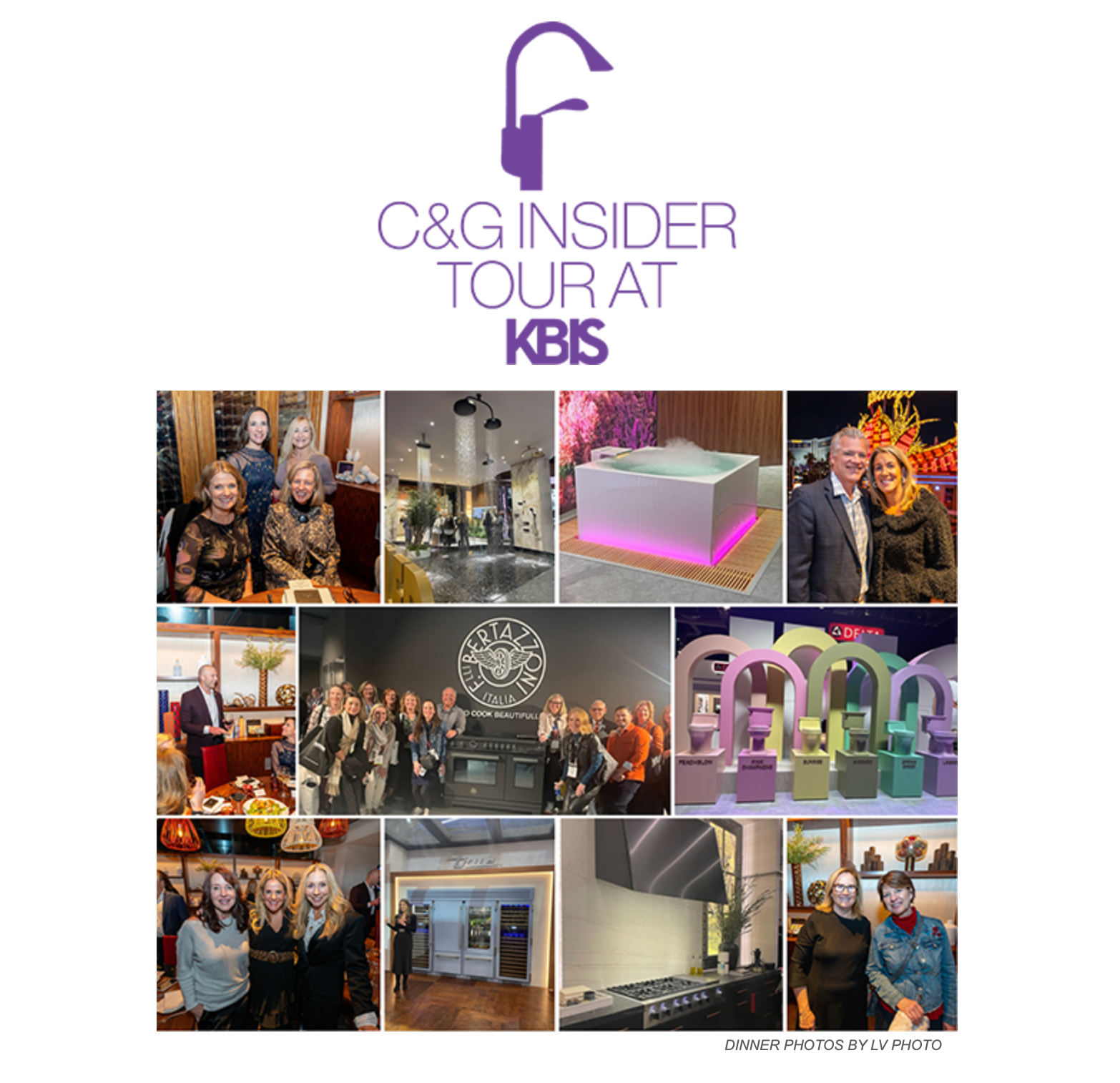 C&G Insider Tour at KBIS with group photos and product displays at a kitchen and bath industry show.