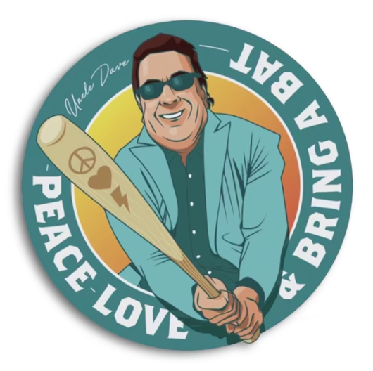 Cartoon man holding bat, text 