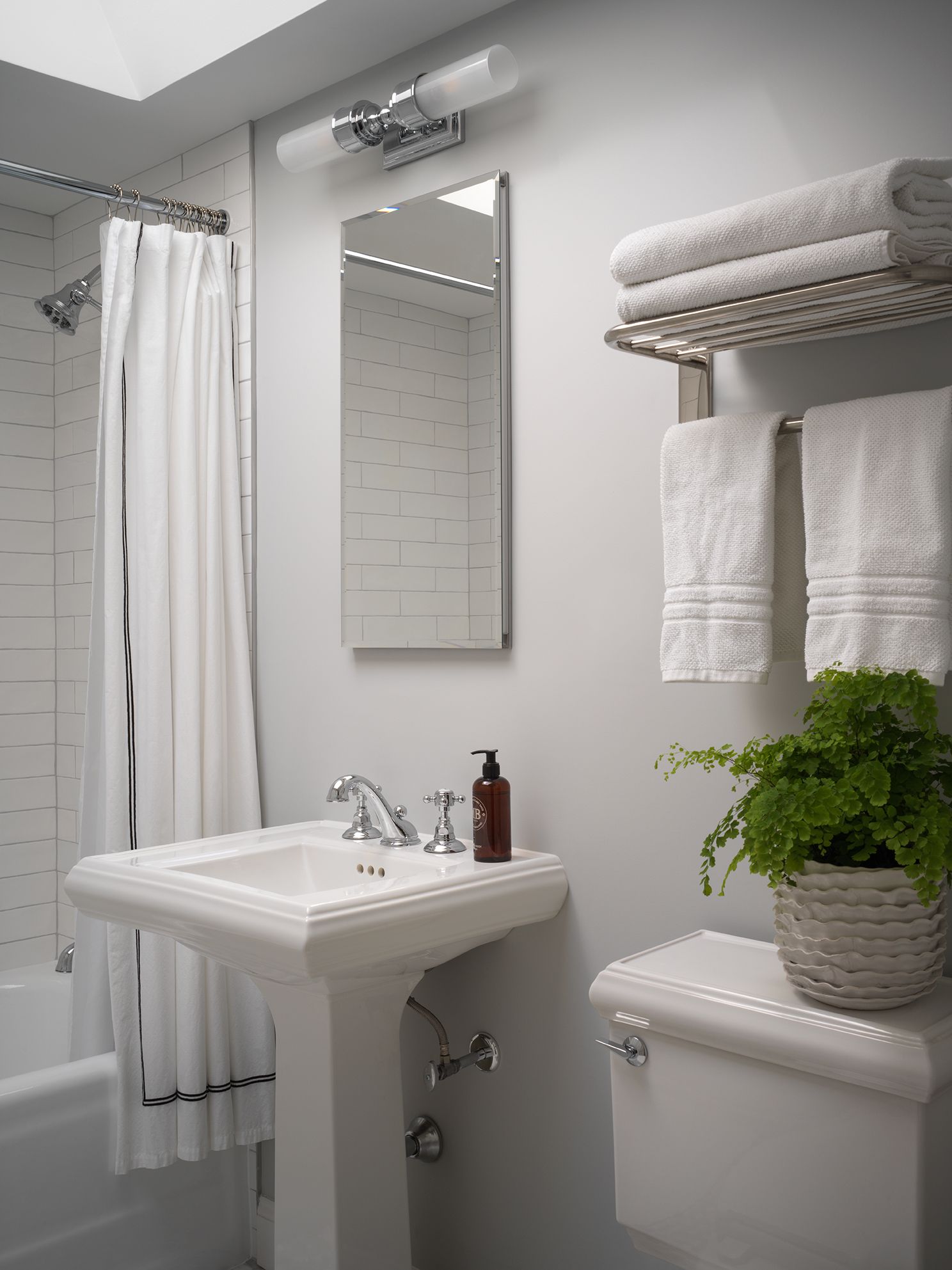 Bathroom with white fixtures, a mirror, and a fern. White towels on a rack.