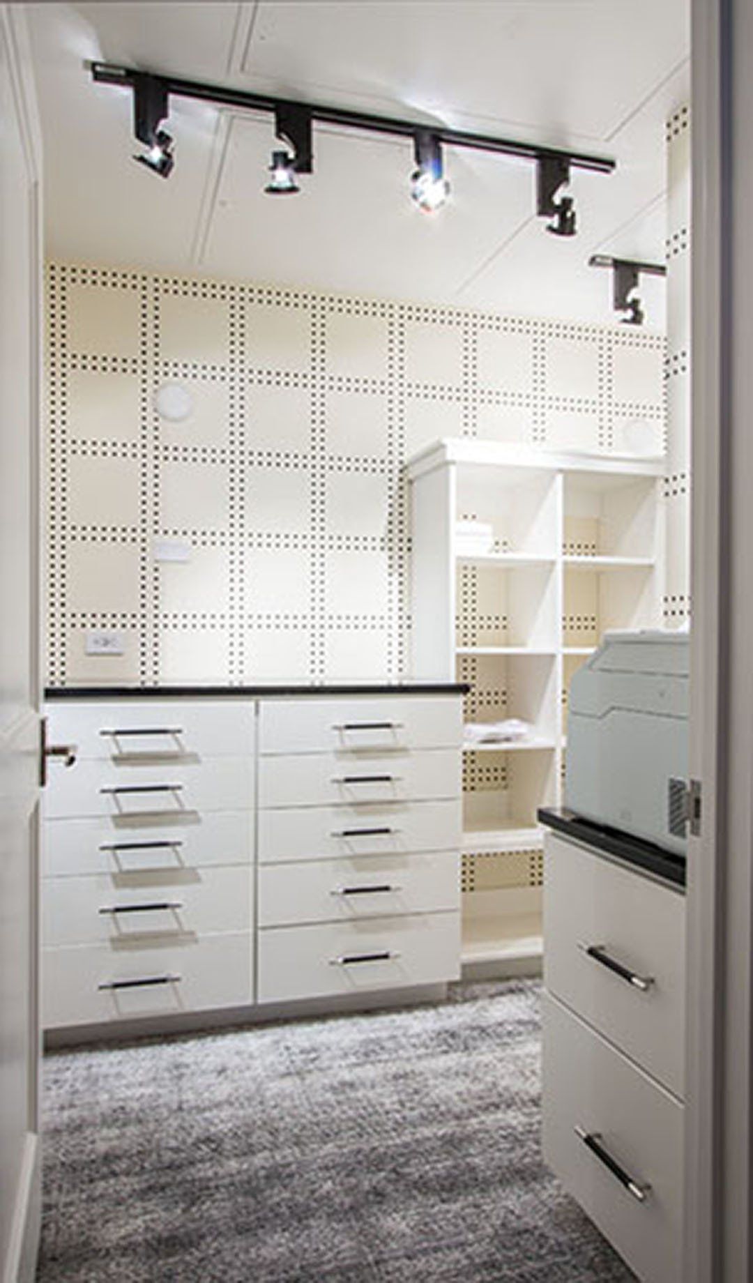 White walk-in closet with drawers, shelves, and track lighting. Beige grid wall and gray carpet.