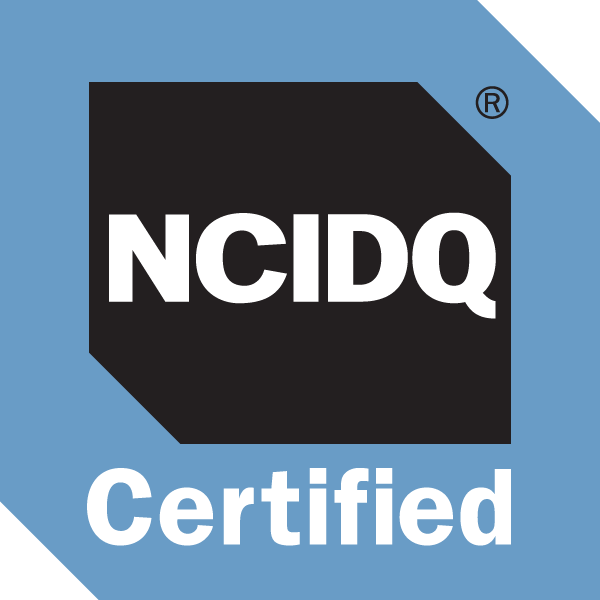 NCIDQ Certified logo: Black and white text on a blue background.