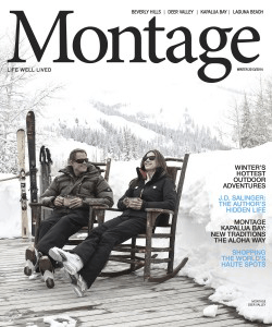 Couple in winter attire sitting in rocking chairs on a snowy porch, Montage magazine cover.