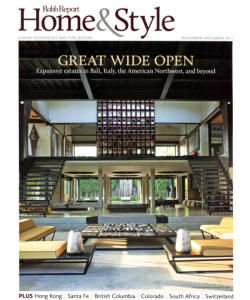 Robb Report Home & Style magazine cover: modern home exterior with open concept, furniture, and greenery.