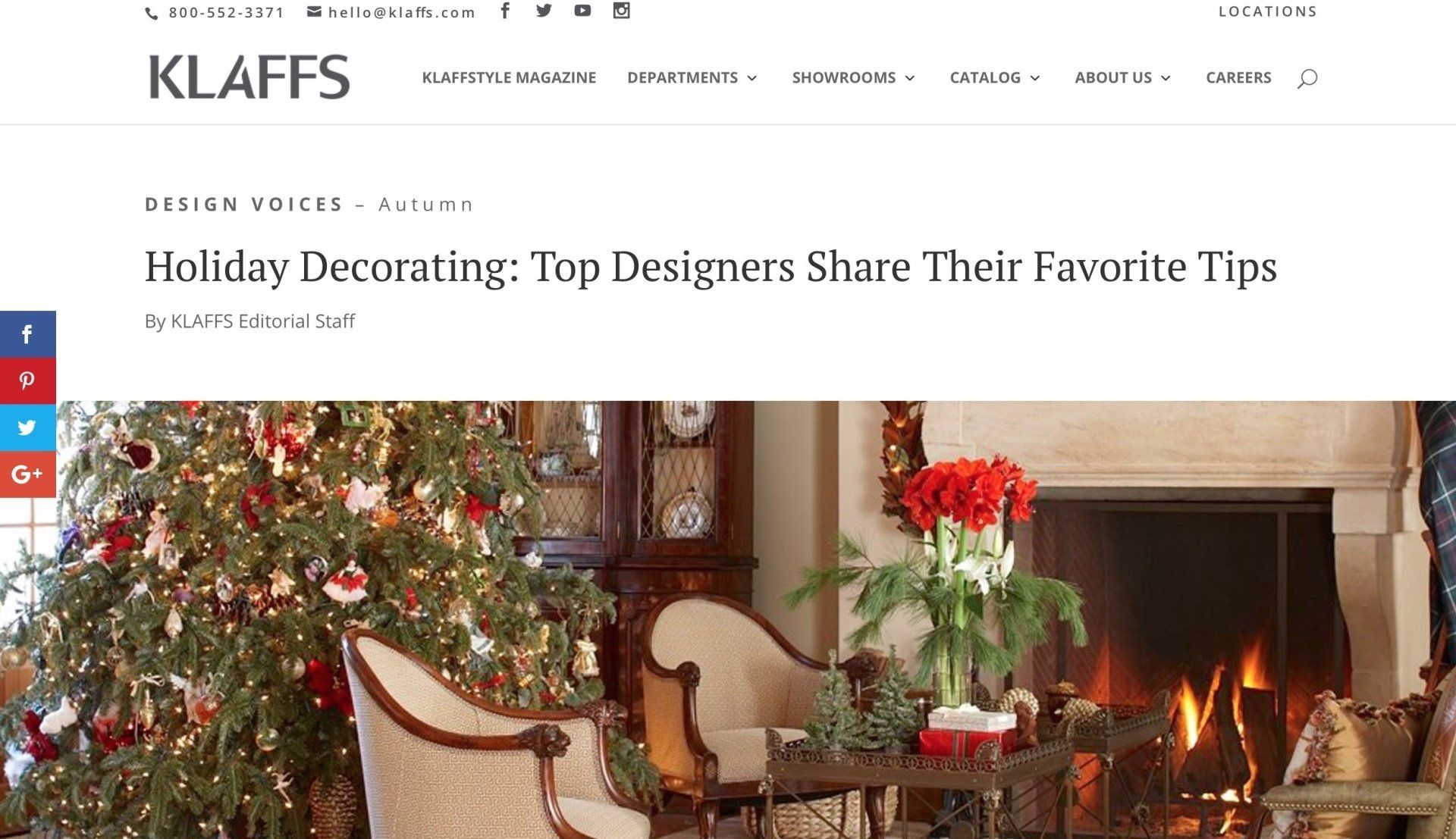 Living room decorated for the holidays; Christmas tree, fireplace, and seating.