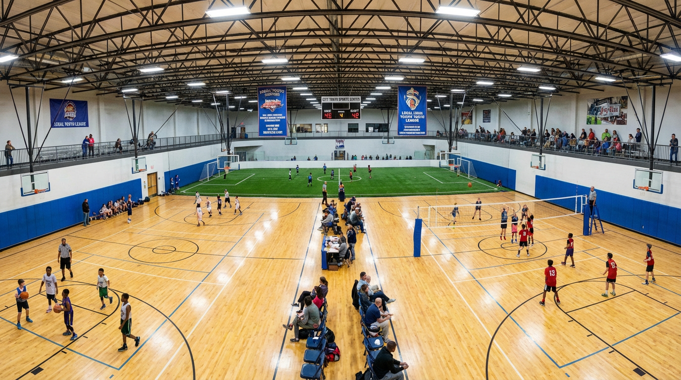 Indoor sports facility with basketball and volleyball games underway, spectators in the balcony.
