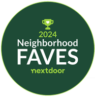 A green circle with the words neighborhood fave nextdoor on it