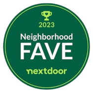 A green circle with the words neighborhood fave nextdoor on it