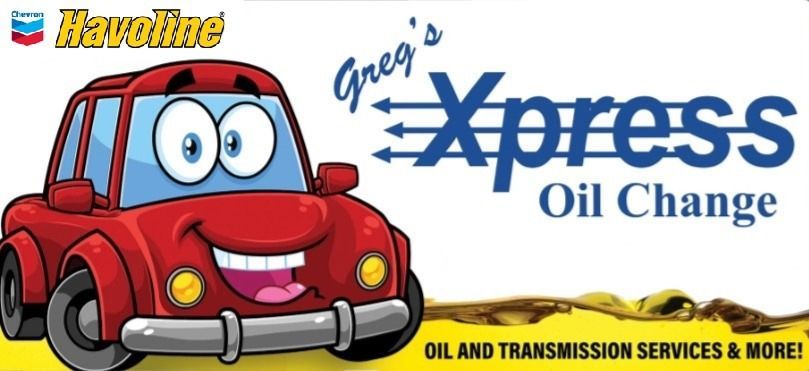 Cartoon car with eyes, smiling, beside text "Greg's Xpress Oil Change". Oil stains at the bottom.