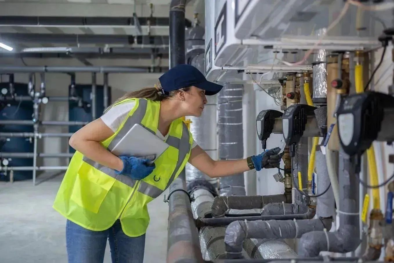 Female heating engineer in high high-visibility jacket examining an industrial heating system