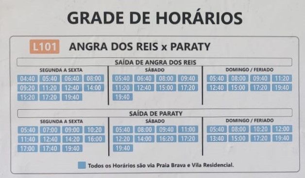 The image shows a timetable for the L101 bus route between Angra dos Reis and Paraty.