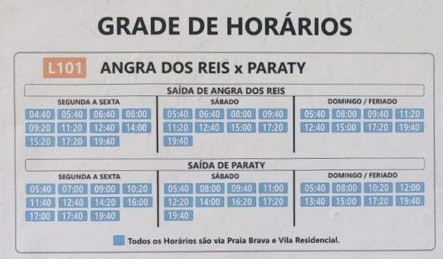 The image shows a timetable for the L101 bus route between Angra dos Reis and Paraty