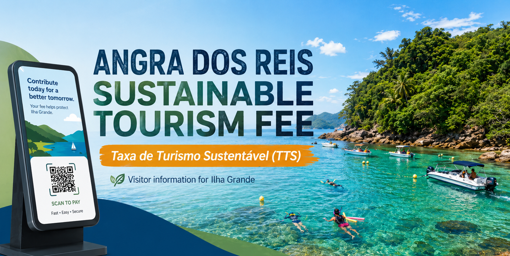 Aerial view of Praia dos Meros in Ilha Grande, Angra dos Reis, with boats and clear green water