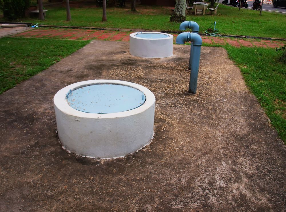 A Concrete Circle With a Blue Lid is Surrounded by Pipes in a Park — Sweeney's Pumps & Irrigation In Medowie, NSW