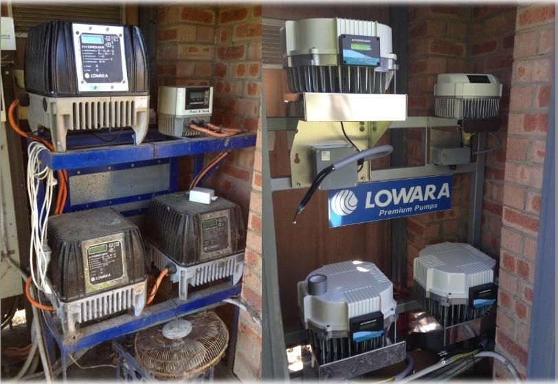 Several Lowara Pump Controllers on Shelves, Outdoors Against a Brick Wall — Sweeney's Pumps & Irrigation In Medowie, NSW