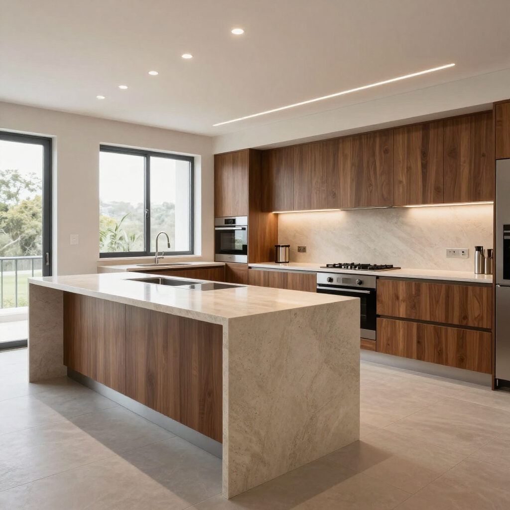 Modern kitchen with wood cabinets, stone island, and large windows in a bright open-plan home