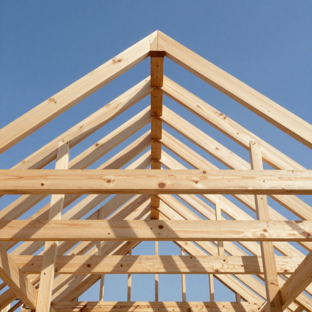 Wooden roof trusses under construction against a clear blue sky