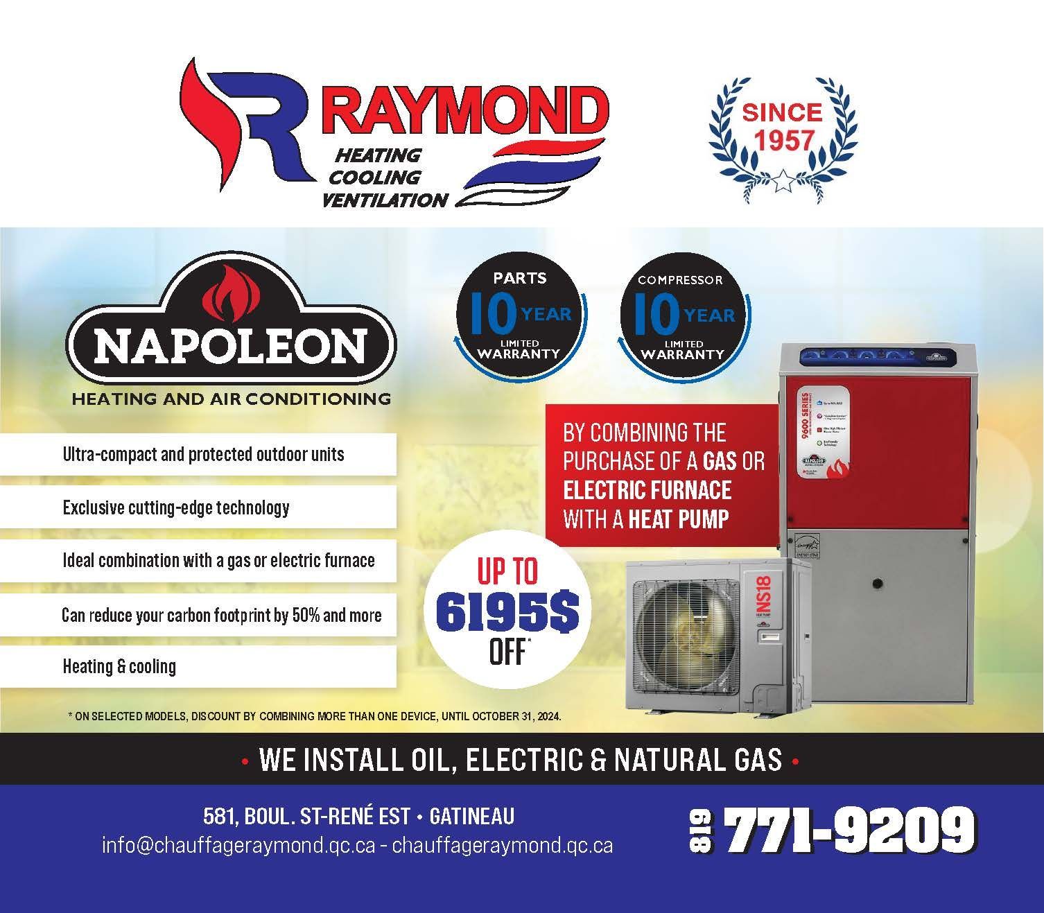 An advertisement for raymond napoleon heating and air conditioning