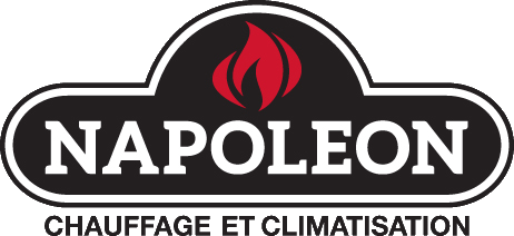 The logo for napoleon chauffage et climatisation has a red flame on it.