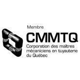 A black and white logo for cmmtq corporation des maitres mecaniciens en tuyauterie du quebec.