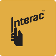 A logo for interac md with a hand on a yellow background.