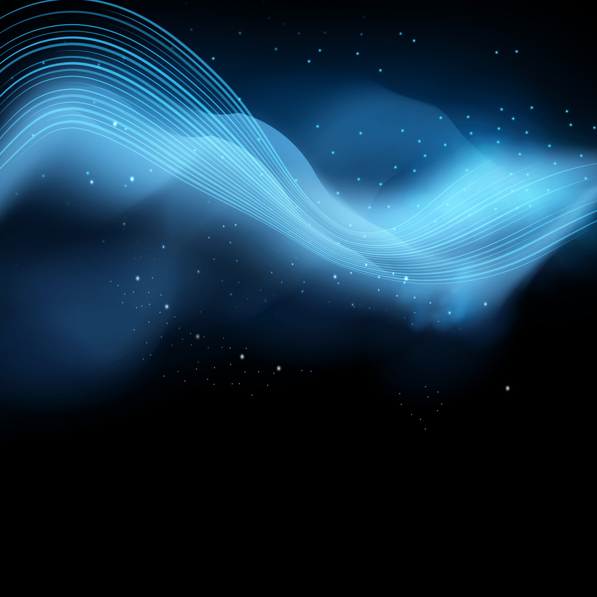 Blue waves of light against a dark background, with scattered stars.