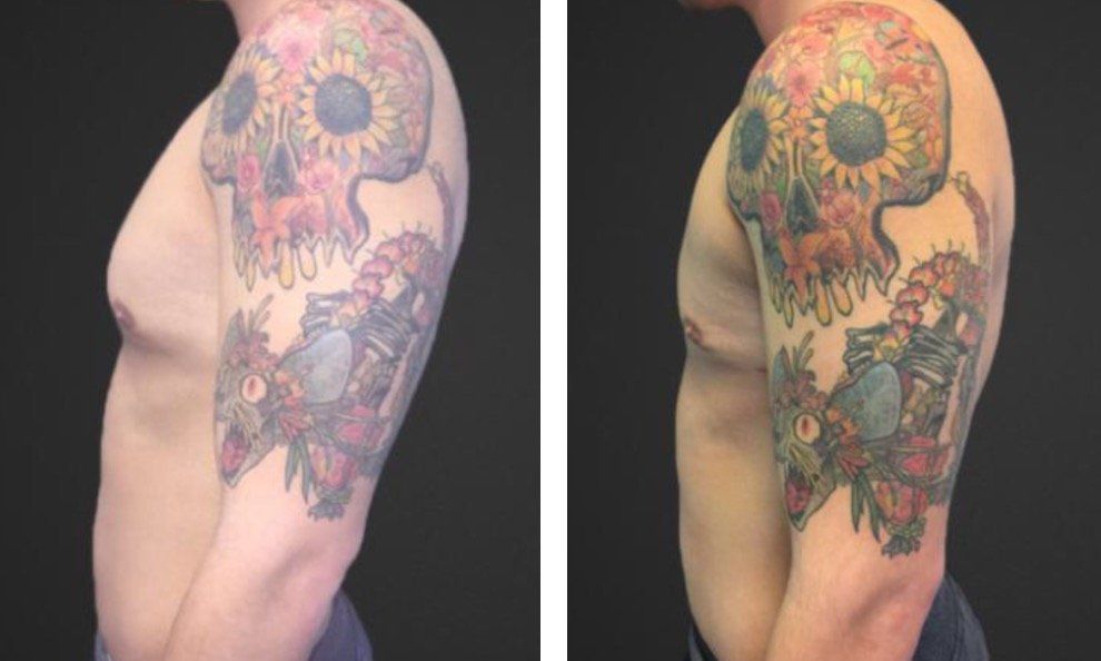 A man with a tattoo on his chest and shoulder.