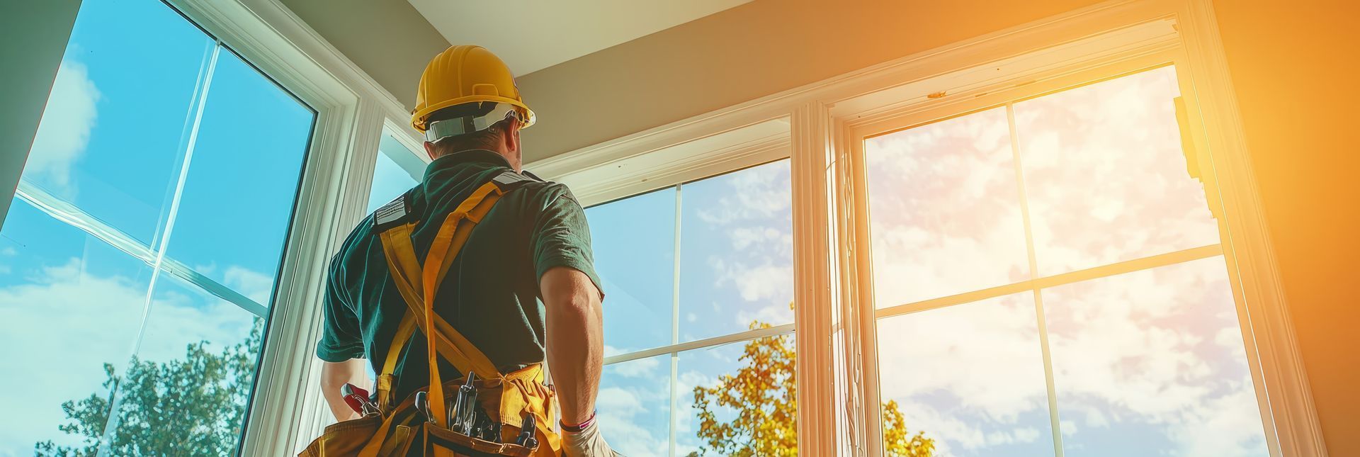 A man wearing a safety vest stands by a window, supervising the impact window replacement process. A man wearing a safety vest stands by a window, supervising the impact window replacement process.