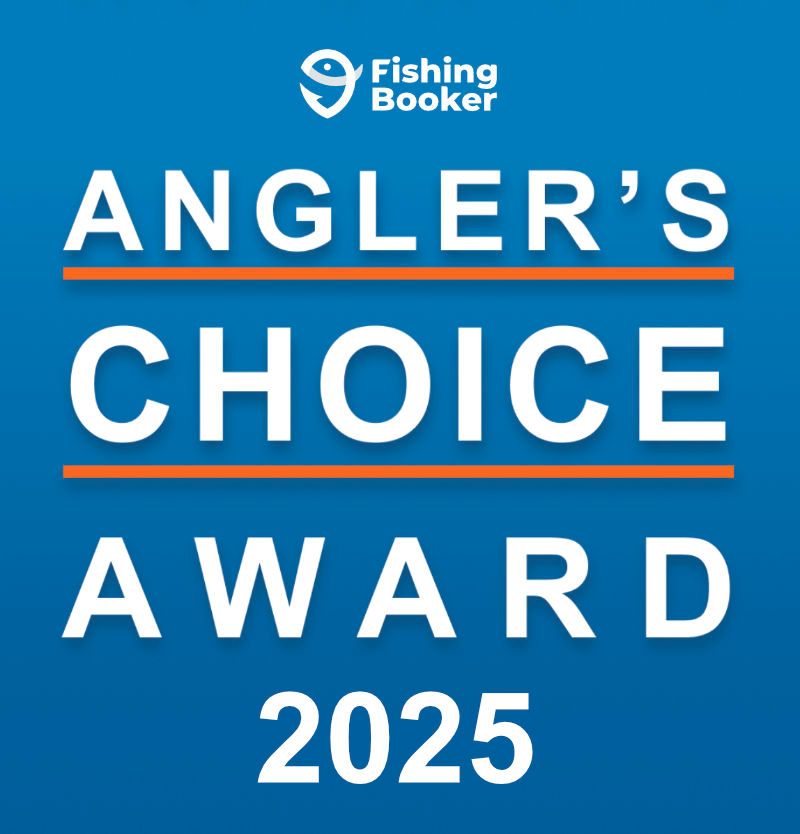 A blue sign that says Fishingbooker  angler 's choice award 2025