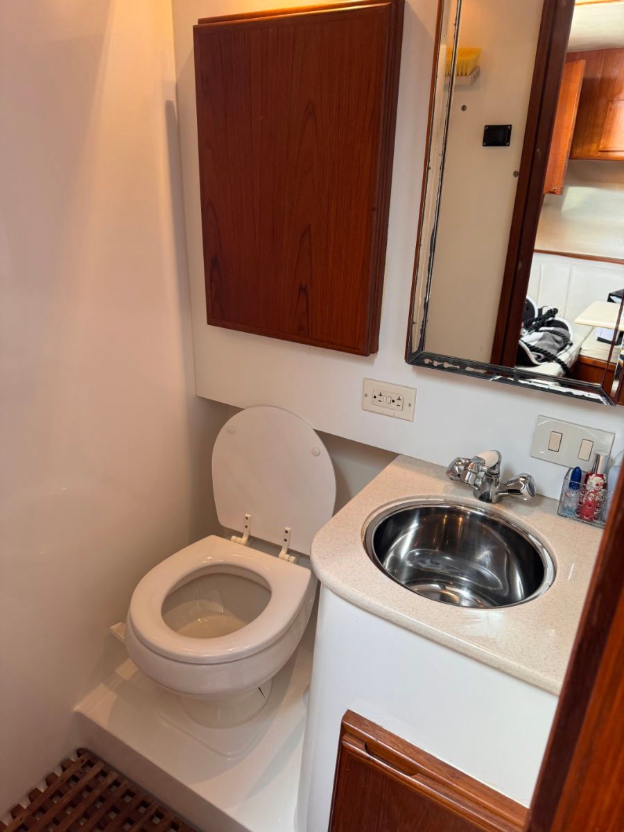 A bathroom with a toilet a sink and a mirror