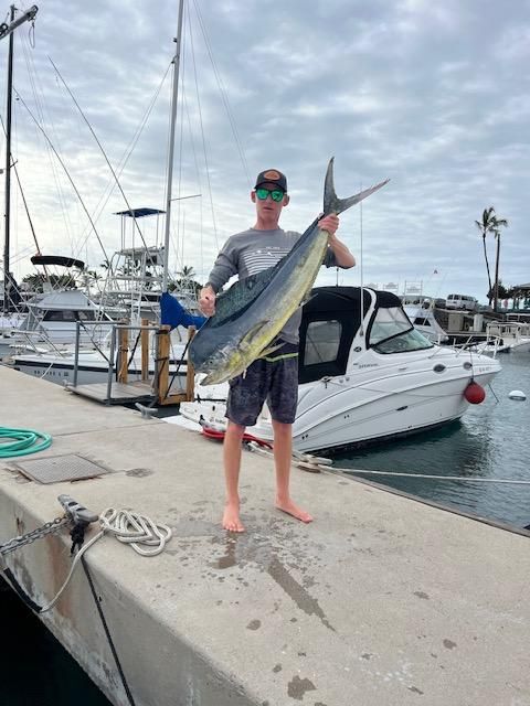 A man is standing on a dock holding a large fish.