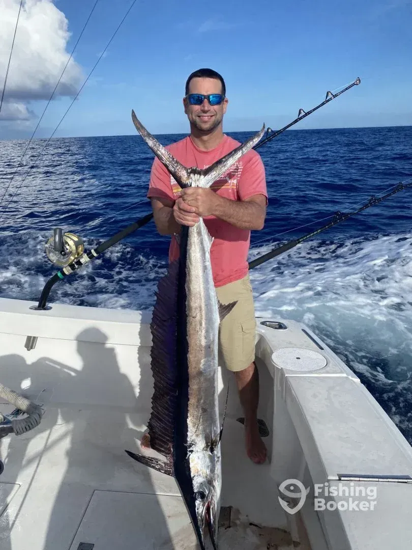 A man is standing on a boat holding a large marlin fish.