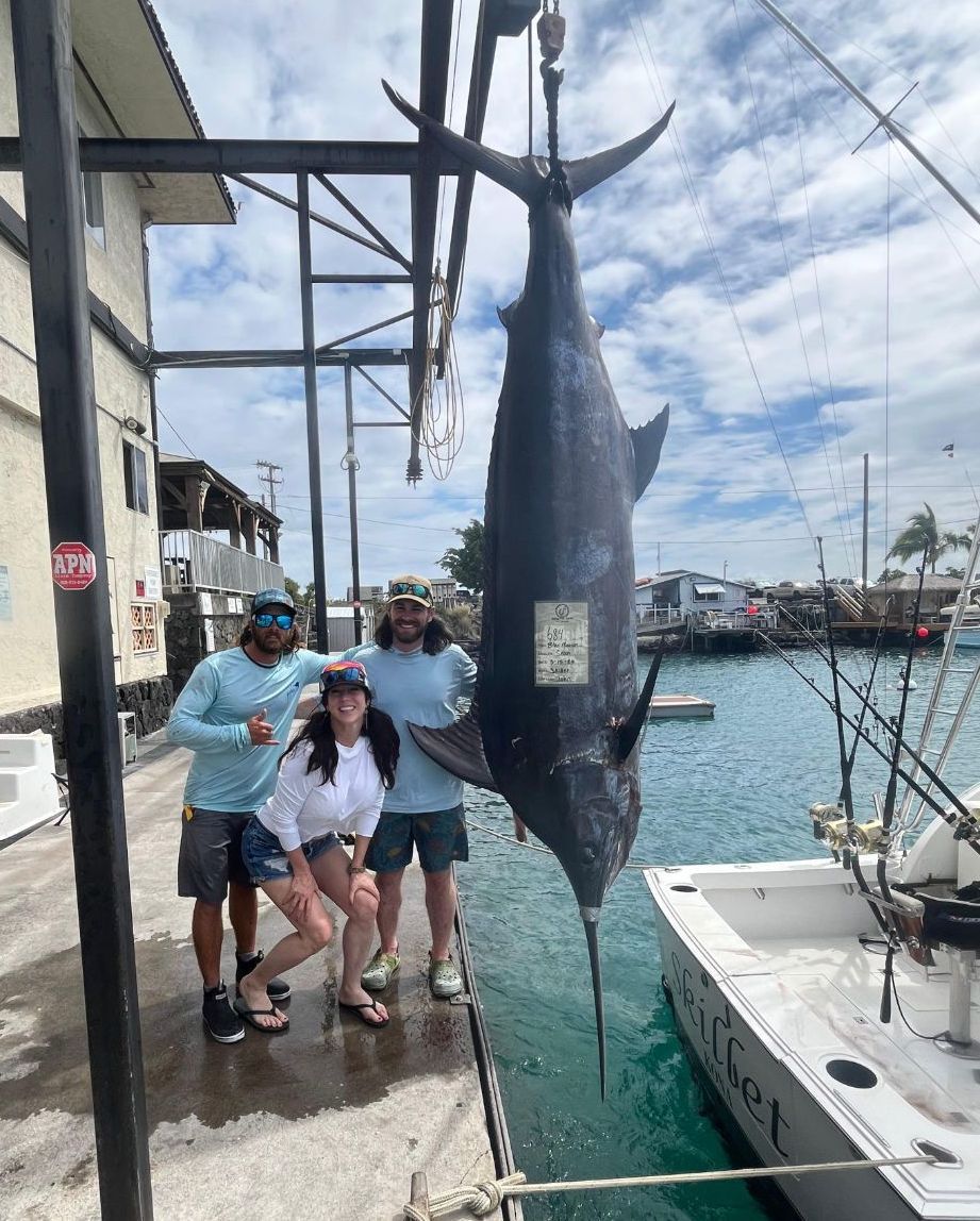 A group of people standing next to a large marlin on a dock.