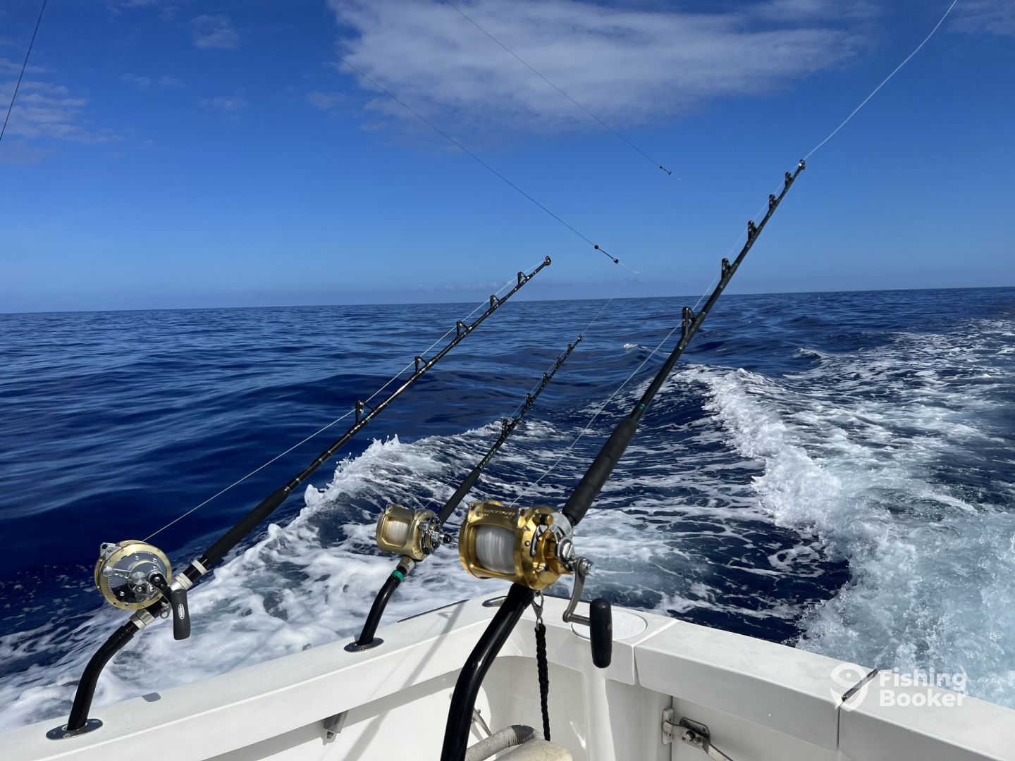 Three fishing rods are sitting on the side of a boat in the ocean.