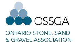 Logo for Ontario Stone, Sand & Gravel Association: blue spheres form a triangle, text below.