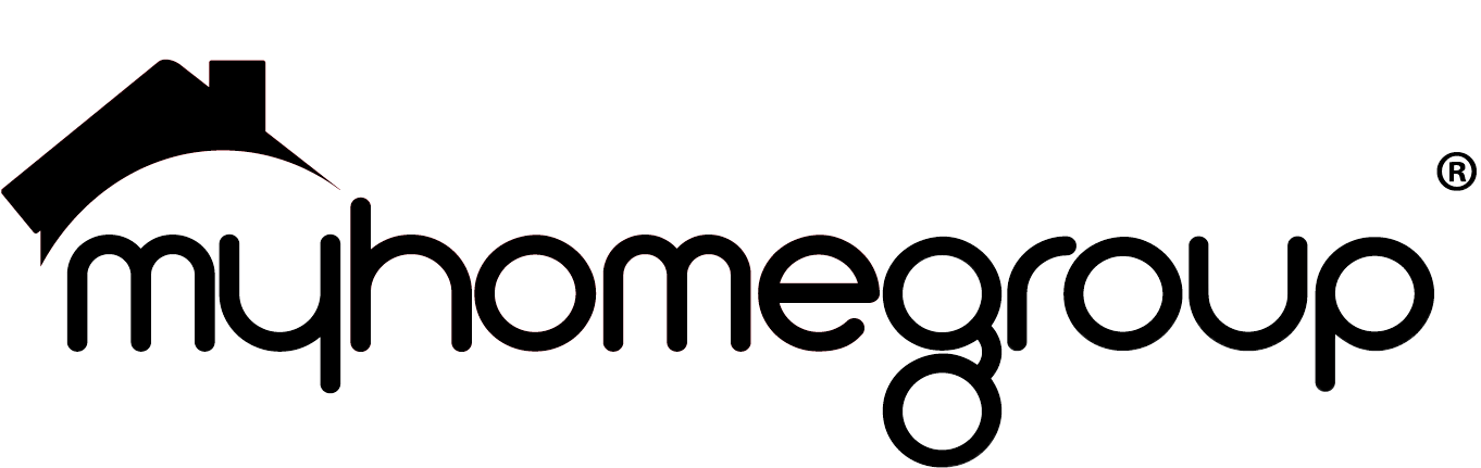 Myhomegroup logo with black house icon and lowercase text on white background